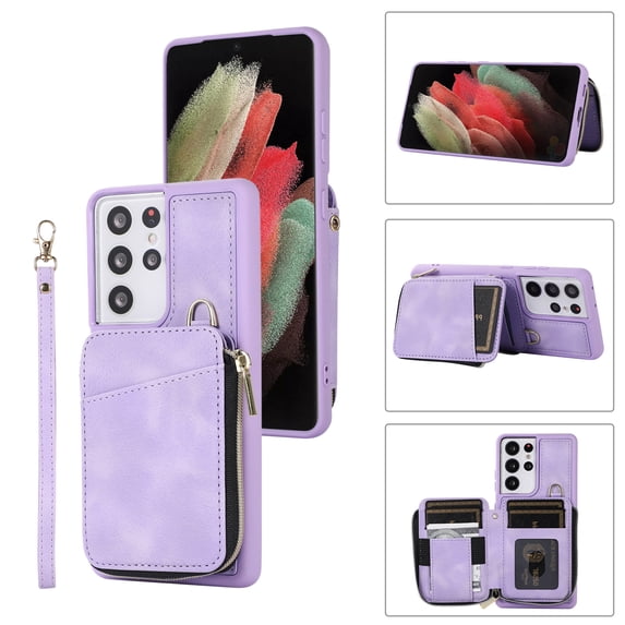 ELEHOLD for Samsung Galaxy S21 Ultra,Luxury Zipper Wallet Case with Card Slots Zipper Pocket Kickstand Function Wriststrap Crossbody Shoulder Strap Shockproof Purse Case,purple