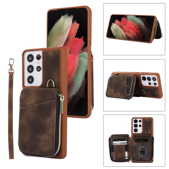 ELEHOLD for Samsung Galaxy S21 Ultra,Luxury Zipper Wallet Case with Card Slots Zipper Pocket Kickstand Function Wriststrap Crossbody Shoulder Strap Shockproof Purse Case,brown