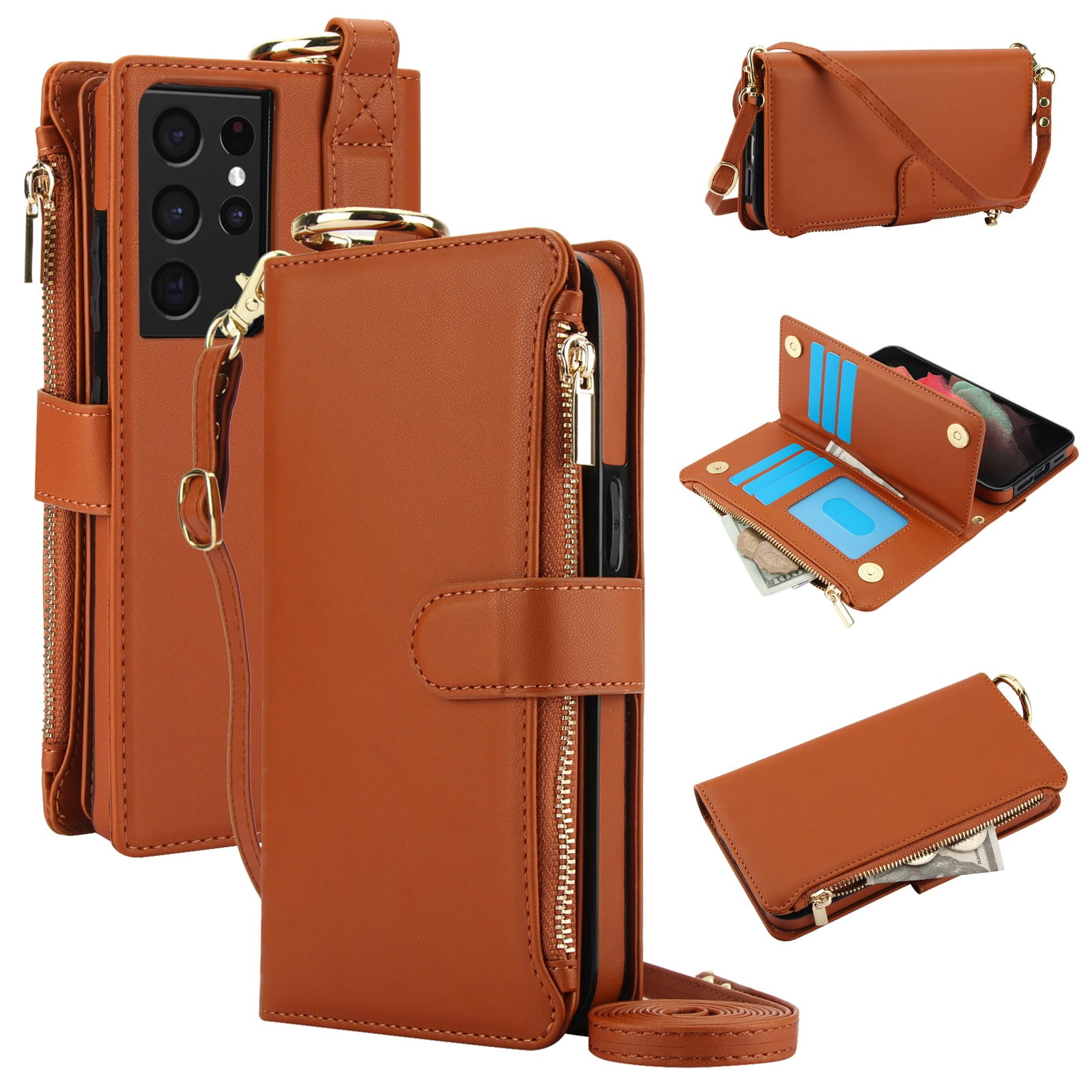 ELEHOLD For Samsung Galaxy S21 Ultra Phone Case Leather Crossbody Zipper Card Wallet Flip Case Kickstand Cover, with Ring Holder,Full Body Protection-Brown