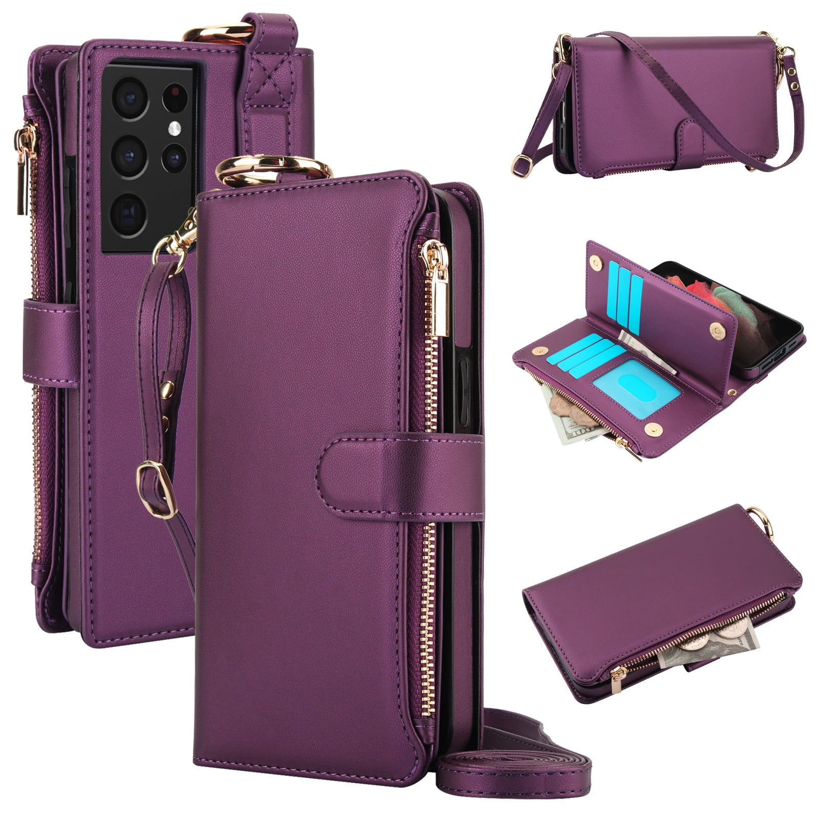 ELEHOLD For Samsung Galaxy S21 Ultra Phone Case Leather Crossbody Zipper Card Wallet Flip Case Kickstand Cover, with Ring Holder,Full Body Protection-Deeppurple