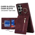 thumbnail image 1 of ELEHOLD For Samsung Galaxy S21 Ultra, Wallet Case with Card Slot Holder,RFID Blocking,Built-in 360°Rotating Ring Kickstand Zipper Retro Purse Shockproof Case Cover, winered, 1 of 8