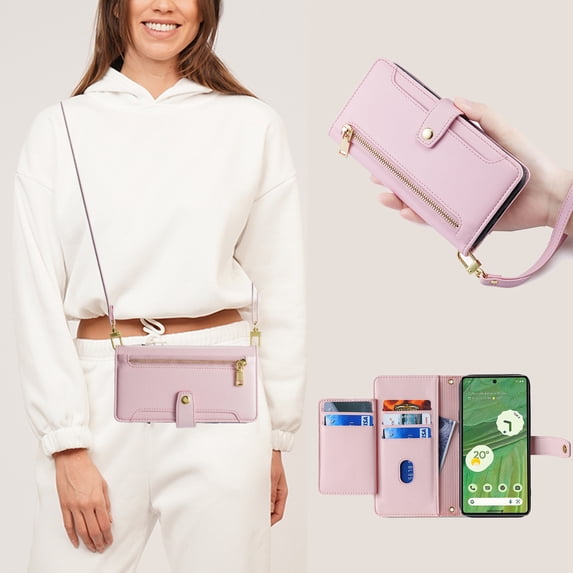 ELEHOLD for Samsung Galaxy S21 Ultra Wallet Case Crossbody, Zipper Phone Case with Card Holder Large Capacity Wrist Strap Leather Purse Cover for Women Men for Samsung Galaxy S21 Ultra,Pink