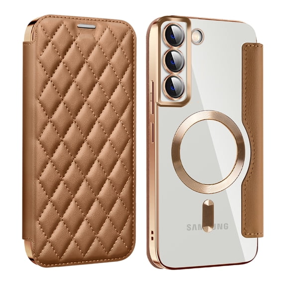 ELEHOLD for Samsung Galaxy S22 Case Flip Folio Built-in Card Holder RFID Blocking Protective Leather Case Transparent Clear Back Magnetic Compatible with Mag Safe Shockproof Cover,brown
