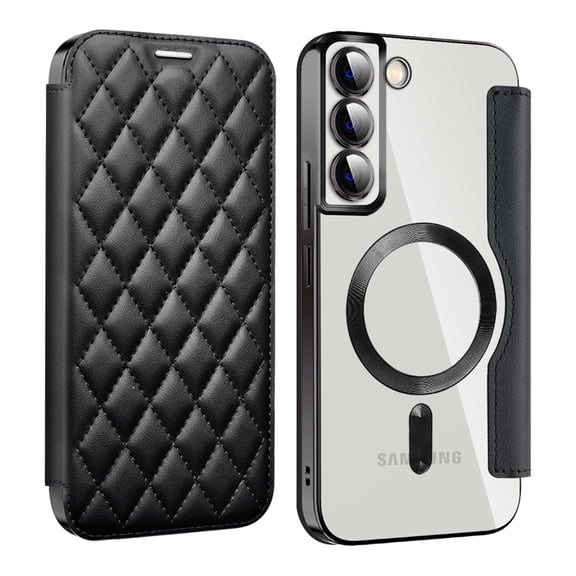 ELEHOLD for Samsung Galaxy S22 Case Flip Folio Built-in Card Holder RFID Blocking Protective Leather Case Transparent Clear Back Magnetic Compatible with Mag Safe Shockproof Cover,black