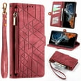 thumbnail image 1 of ELEHOLD for Samsung Galaxy S22 Case,Galaxy S22 Wallet Case for Women Men, Geometric Patterns PU Leather Magnetic Flip Strap Zipper Card Holder Phone Case,Red, 1 of 7