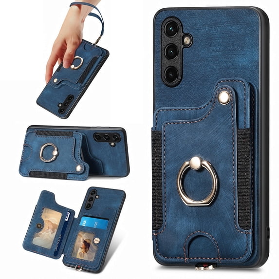 ELEHOLD for Samsung Galaxy S22 Case with Ring Holder, Galaxy S22 Wallet Case with RFID Blocking Card Holder Wristlet Strap, Magnetic Button Flip Folio Kickstand Shockproof Phone Cover,Blue