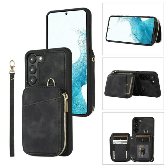 ELEHOLD for Samsung Galaxy S22,Luxury Zipper Wallet Case with Card Slots Zipper Pocket Kickstand Function Wriststrap Crossbody Shoulder Strap Shockproof Purse Case,black