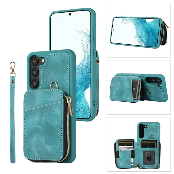 ELEHOLD for Samsung Galaxy S22,Luxury Zipper Wallet Case with Card Slots Zipper Pocket Kickstand Function Wriststrap Crossbody Shoulder Strap Shockproof Purse Case,green