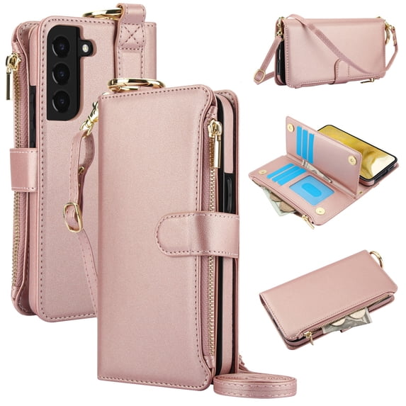 ELEHOLD For Samsung Galaxy S22 Phone Case Leather Crossbody Zipper Card Wallet Flip Case Kickstand Cover, with Ring Holder,Full Body Protection-Rosegold
