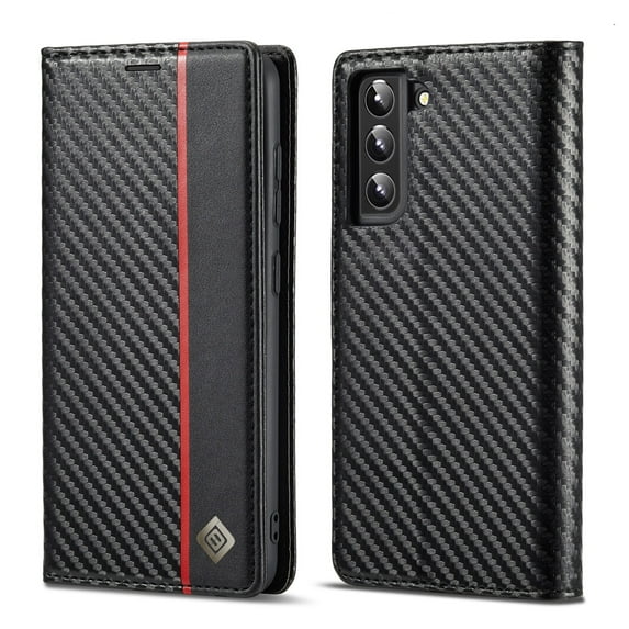 ELEHOLD for Samsung Galaxy S22 Plus 6.6 inch 2022 Folio Case, Carbon Fiber Flexible TPU Kickstand Card Slots Cash Pocket Magnetic Buckle Full Protetcion Shockproof Flip Case, Vertical Line