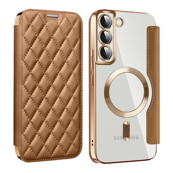 ELEHOLD for Samsung Galaxy S22 Plus Case Flip Folio Built-in Card Holder RFID Blocking Protective Leather Case Transparent Clear Back Magnetic Compatible with Mag Safe Shockproof Cover,brown
