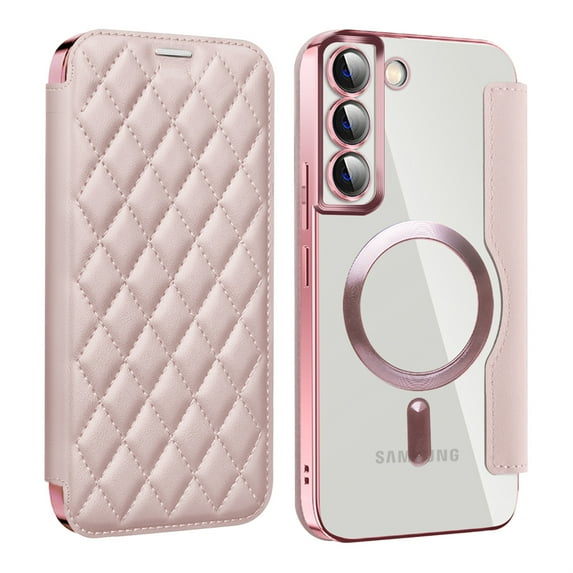 ELEHOLD for Samsung Galaxy S22 Plus Case Flip Folio Built-in Card Holder RFID Blocking Protective Leather Case Transparent Clear Back Magnetic Compatible with Mag Safe Shockproof Cover,pink