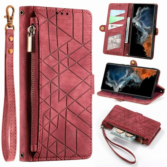 ELEHOLD for Samsung Galaxy S22 Plus Case,Galaxy S22 Plus Wallet Case for Women Men, Geometric Patterns PU Leather Magnetic Flip Strap Zipper Card Holder Phone Case,Red