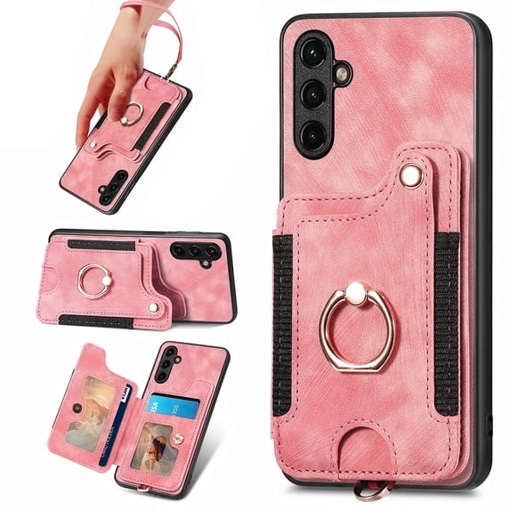 ELEHOLD for Samsung Galaxy S22 Plus Case with Ring Holder, Galaxy S22 Plus Wallet Case with RFID Blocking Card Holder Wristlet Strap, Magnetic Button Flip Folio Kickstand Shockproof Phone Cover,Pink