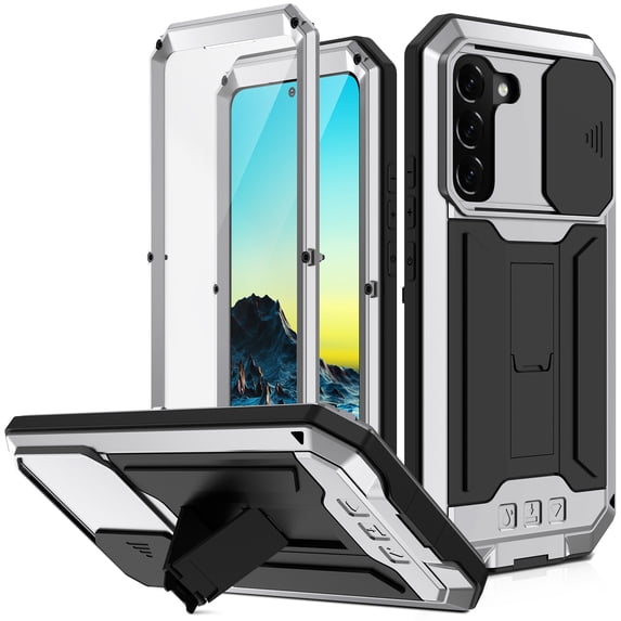 ELEHOLD for Samsung Galaxy S22 Plus Heavy Duty Case, Metal Frame Triple-Layer Armor Military Grade Shockproof Kickstand Screen Protector Camera Lens Sliding Anti-Scratch Rugged Case,Silver