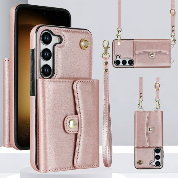 ELEHOLD for Samsung Galaxy S22 Plus Multi-Functional Wallet Case Organ Card Slots RFID Blocking Stand Function Wrist Strap Crossbody Shoulder Strap Shockproof Purse Case,rosegold
