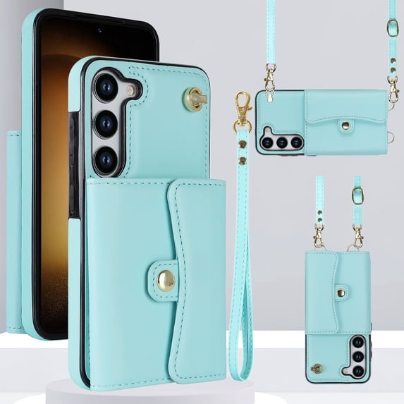 ELEHOLD for Samsung Galaxy S22 Plus Multi-Functional Wallet Case Organ Card Slots RFID Blocking Stand Function Wrist Strap Crossbody Shoulder Strap Shockproof Purse Case,blue