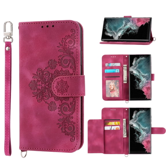ELEHOLD for Samsung Galaxy S22 Plus Shoulder Crossbody Wallet Case with Card Slots, Floral Embossed PU Leather Wallet Flip Protective Kickstand Wrist Strap Cover, winered