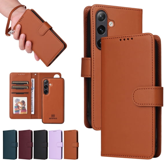 ELEHOLD for Samsung Galaxy S22 Plus Wallet Case Detachable Back Case with Wrist Strap, PU Leather Flip Folio Magnetic Card Holder Stand Shockproof Phone Cover ,Brown