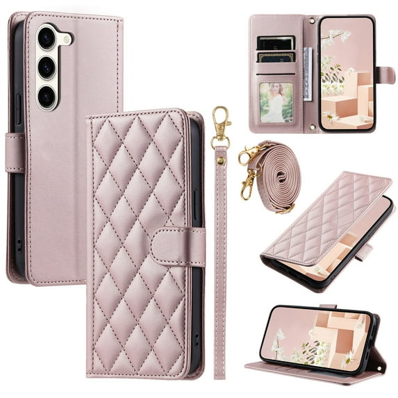 ELEHOLD for Samsung Galaxy S22 Plus Wallet Crossbody Case PU Leather Cover with Card Slots Magnetic Clasp Kickstand Detachable Wriststrap Shoulder Strap Flip Shockpoof Cover,rosegold