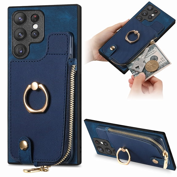 ELEHOLD for Samsung Galaxy S22 Plus Zipper Wallet Case with Back Card Holders Metal Ring Holder Kickstand Function Leather Shockproof Card Wallet Case for Women Men,blue