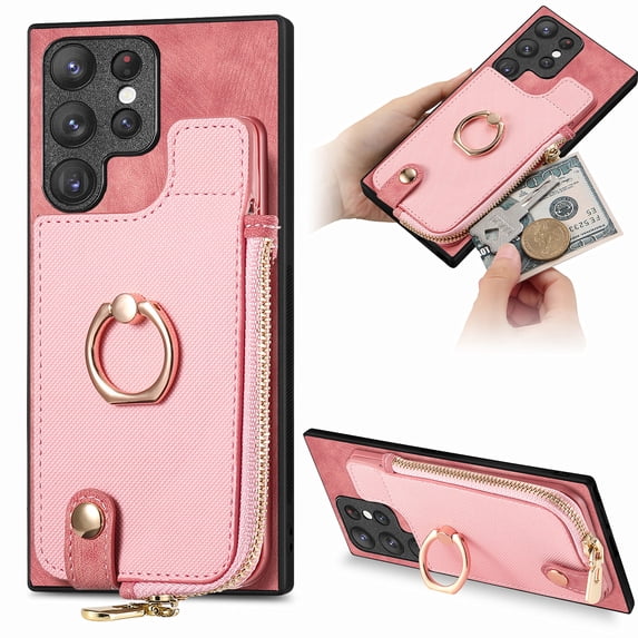 ELEHOLD for Samsung Galaxy S22 Plus Zipper Wallet Case with Back Card Holders Metal Ring Holder Kickstand Function Leather Shockproof Card Wallet Case for Women Men,pink