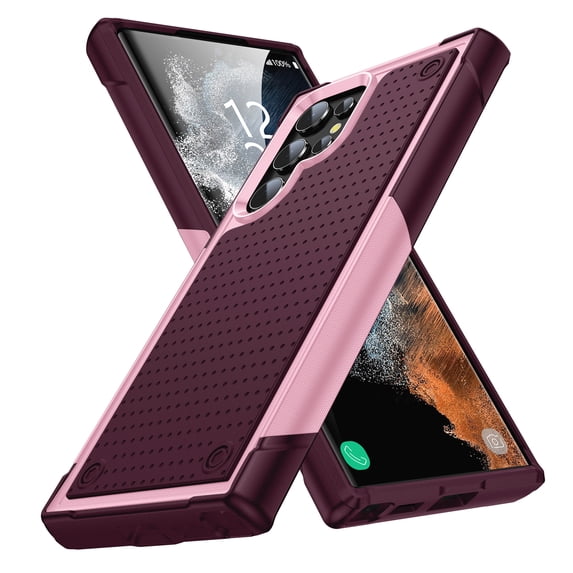 ELEHOLD for Samsung Galaxy S22 Ultra 5G 2022 Fit Case, Military-Grade Dual Layer Raised Frame Screen & Camera Lens Protective Armor Hybrid PC+TPU Anti-Drop Shockproof Slim Rugged Case,Rose