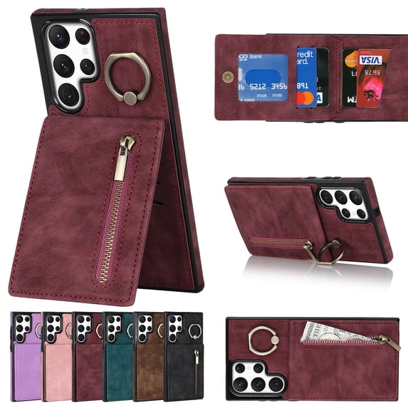 ELEHOLD for Samsung Galaxy S22 Ultra 6.8" Vintage Leather Wallet Case,Practical Card Holders RFID Blocking Zipper Wallet Kickstand Ring Holder Shockproof Anti-Scratch Case for Women Men,Winered