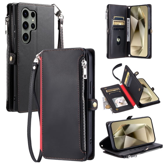 ELEHOLD for Samsung Galaxy S22 Ultra Case, Full Body Protection Crossbody Flip Zipper Credit Card Slot Wallet Case Kickstand Shockproof Leather Case with Shoulder Strap and Wrist Strap, Black