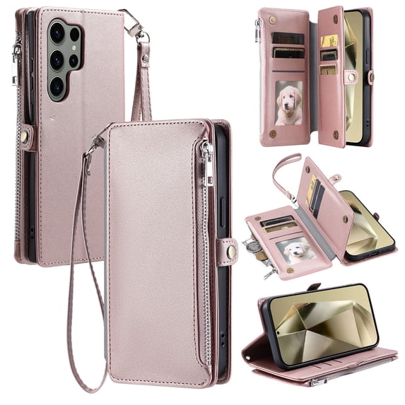 ELEHOLD for Samsung Galaxy S22 Ultra Case, Full Body Protection Crossbody Flip Zipper Credit Card Slot Wallet Case Kickstand Shockproof Leather Case with Shoulder Strap and Wrist Strap, Rosegold