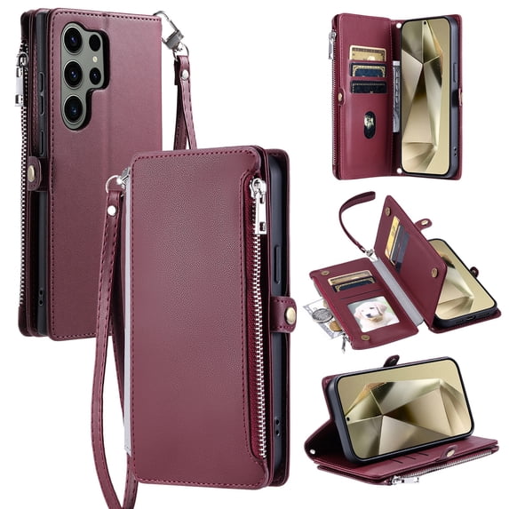 ELEHOLD for Samsung Galaxy S22 Ultra Case, Full Body Protection Crossbody Flip Zipper Credit Card Slot Wallet Case Kickstand Shockproof Leather Case with Shoulder Strap and Wrist Strap, Winered