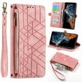 thumbnail image 1 of ELEHOLD for Samsung Galaxy S22 Ultra Case,Galaxy S22 Ultra Wallet Case for Women Men, Geometric Patterns PU Leather Magnetic Flip Strap Zipper Card Holder Phone Case,Pink, 1 of 7