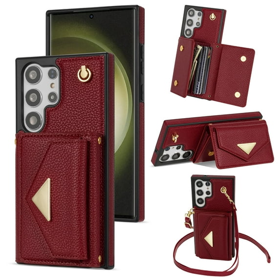 ELEHOLD for Samsung Galaxy S22 Ultra Case Premium Leather Wallet with Back Organ Card Holders Kickstand Function Crossbody Shoulder Strap Luxury Shockproof Women Purse Cover ,red