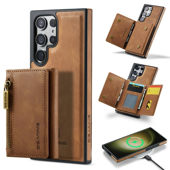 ELEHOLD for Samsung Galaxy S22 Ultra Detachable Wallet Case Premium PU Leather 2-in-1 Magnetic Removable Zipper Card Holders RFID Blocking Shockproof Protection Kickstand Leather Case,brown