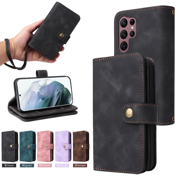 ELEHOLD for Samsung Galaxy S22 Ultra Flip Leather Wallet Case with Card Holders Kickstand Magnetic Clasp Handstrap Shoulder Strap Shockproof Protective Case,Black