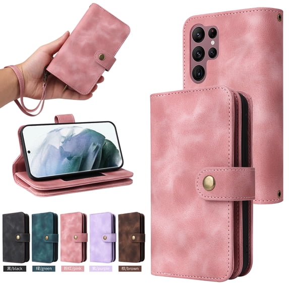 ELEHOLD for Samsung Galaxy S22 Ultra Flip Leather Wallet Case with Card Holders Kickstand Magnetic Clasp Handstrap Shoulder Strap Shockproof Protective Case,Pink