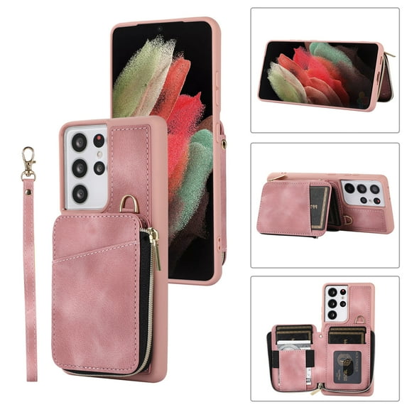 ELEHOLD for Samsung Galaxy S22 Ultra,Luxury Zipper Wallet Case with Card Slots Zipper Pocket Kickstand Function Wriststrap Crossbody Shoulder Strap Shockproof Purse Case,pink
