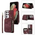 thumbnail image 1 of ELEHOLD for Samsung Galaxy S22 Ultra,Luxury Zipper Wallet Case with Card Slots Zipper Pocket Kickstand Function Wriststrap Crossbody Shoulder Strap Shockproof Purse Case,winered, 1 of 7