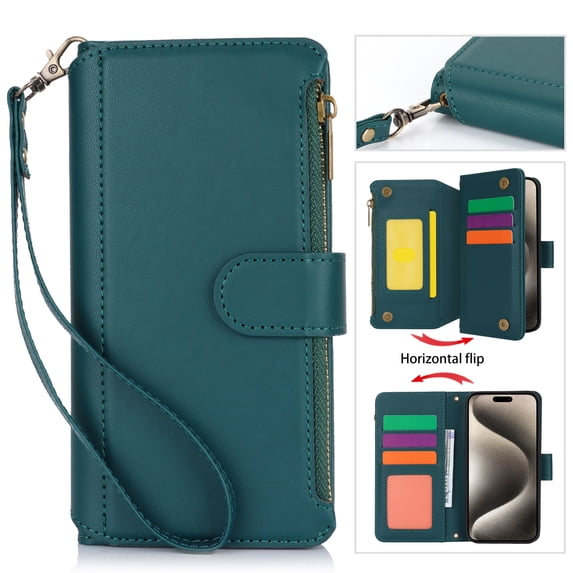 ELEHOLD for Samsung Galaxy S22 Ultra PU Leather Wallet Case, with Card Holder Strap Shoulder Lanyard for Women Men, Durable Zipper Kickstand Cover for Samsung Galaxy S22 Ultra,Green