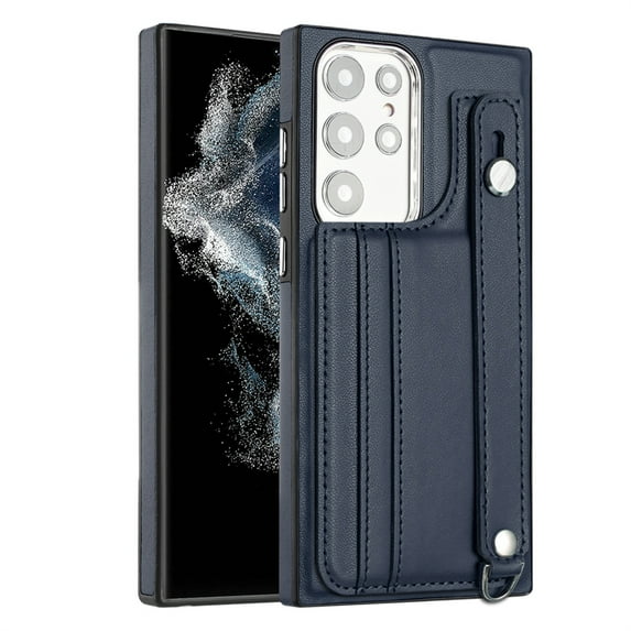 ELEHOLD for Samsung Galaxy S22 Ultra, Wallet Case with Credit Card Slots,Rugged Hybrid Shockproof PU Leather Wristband Kickstand Anti-Scratch Case Cover, blue