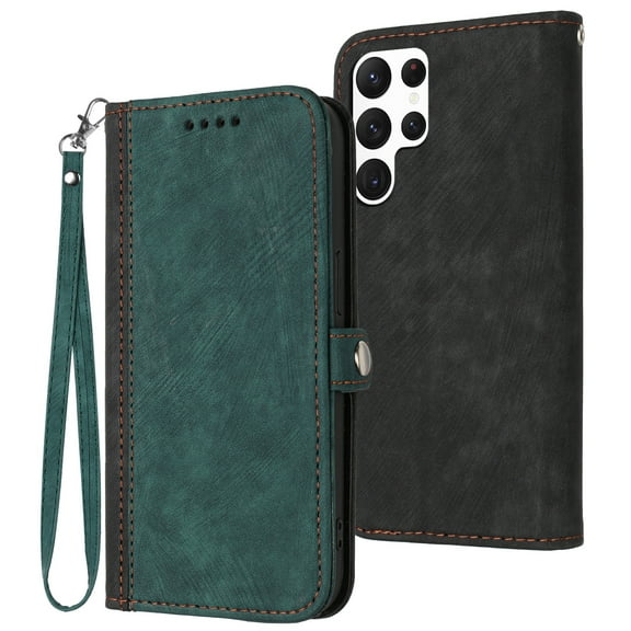 ELEHOLD for Samsung Galaxy S22 Ultra Wallet Case with Detachable Wrist Strap Handbag, Luxury PU Leather Flip Soft TPU Built-in Magnetic Card Slots Kickstand Function Shockproof Protective CovDarkgreen