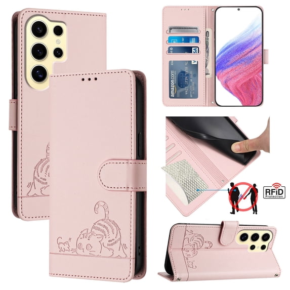 ELEHOLD for Samsung Galaxy S22 Ultra Wallet Case, Embossed Cat PU Leather RFID Blocking Protection Credit Card Slot Kickstand Shockproof Case with Crossbody Strap for Samsung Galaxy S22 Ultra,Pink