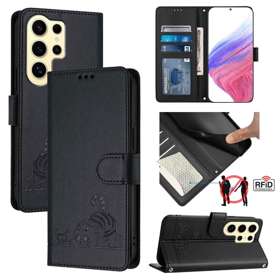 ELEHOLD for Samsung Galaxy S22 Ultra Wallet Case, Embossed Cat PU Leather RFID Blocking Protection Credit Card Slot Kickstand Shockproof Case with Crossbody Strap for Samsung Galaxy S22 Ultra,Black