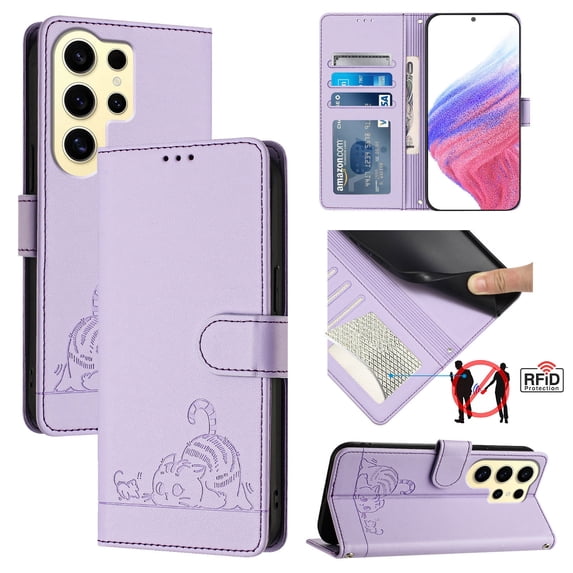 ELEHOLD for Samsung Galaxy S22 Ultra Wallet Case, Embossed Cat PU Leather RFID Blocking Protection Credit Card Slot Kickstand Shockproof Case with Crossbody Strap for Samsung Galaxy S22 Ultra,Purple