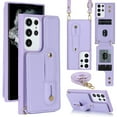 thumbnail image 1 of ELEHOLD Samsung Galaxy S22 Ultra Wallet Case, Flip Card Slots Magnetic Button Kickstand Function Non-Slip Wristband Crossbody Shoulder Strap for Samsung S22 Ultra Fashion Leather Case,Purple, 1 of 8