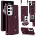 thumbnail image 1 of ELEHOLD Samsung Galaxy S22 Ultra Wallet Case, Flip Card Slots Magnetic Button Kickstand Function Non-Slip Wristband Crossbody Shoulder Strap for Samsung S22 Ultra Fashion Leather Case,Winered, 1 of 8