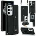 thumbnail image 1 of ELEHOLD Samsung Galaxy S22 Ultra Wallet Case, Flip Card Slots Magnetic Button Kickstand Function Non-Slip Wristband Crossbody Shoulder Strap for Samsung S22 Ultra Fashion Leather Case,Black, 1 of 8