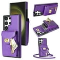 thumbnail image 1 of ELEHOLD for Samsung Galaxy S22 Ultra Zipper Pocket Case, Flip PU Leather Wallet Crossbody Shoulder Strap Lanyard Case with Credit Card Holder Women RFID Blocking Protective Purse Cover, purple, 1 of 6