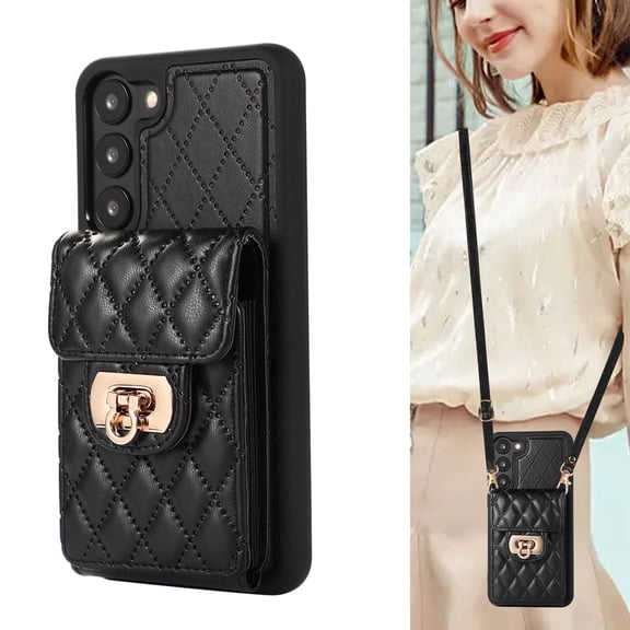 ELEHOLD for Samsung Galaxy S22 Wallet Case with Card Holder, PU Leather Shockproof Crossbody Case with Metal Snap Adjustable Strap Lanyard Compatible with Samsung Galaxy S22,Black