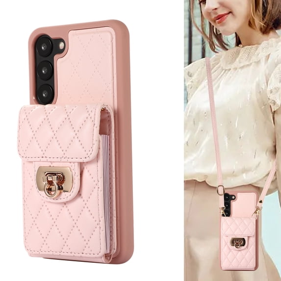 ELEHOLD for Samsung Galaxy S22 Wallet Case with Card Holder, PU Leather Shockproof Crossbody Case with Metal Snap Adjustable Strap Lanyard Compatible with Samsung Galaxy S22,Pink